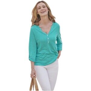 NWT Woolover Blue White Striped Linen Blend Relaxed Button Top Women’s Large